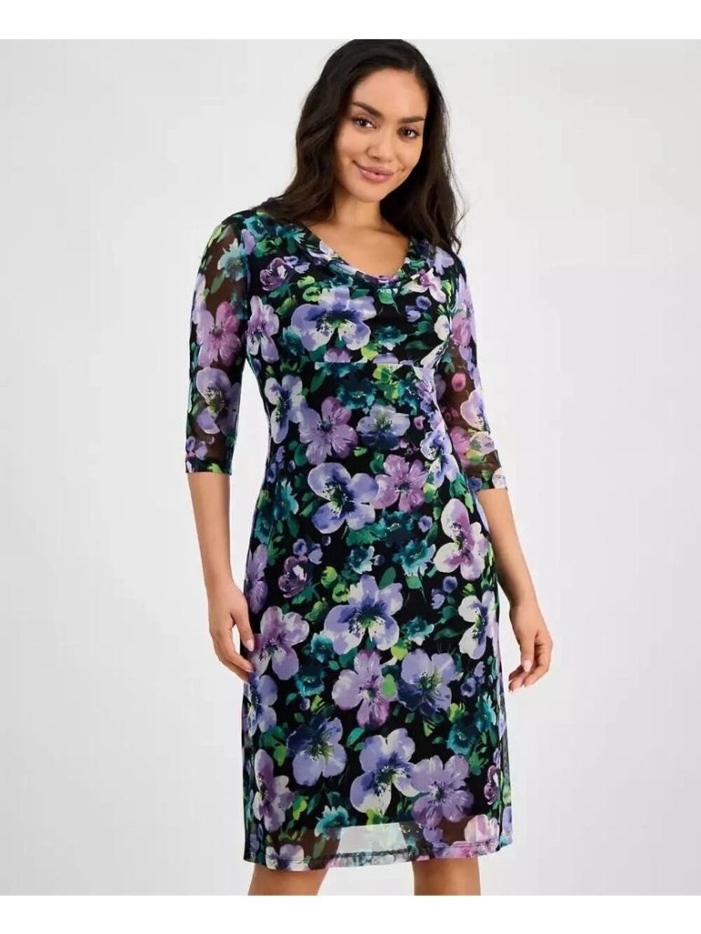 Floral Black & Purple Cowl Neck Dress 3/4 Sleeve Chiffon Size 14W Connected Appa